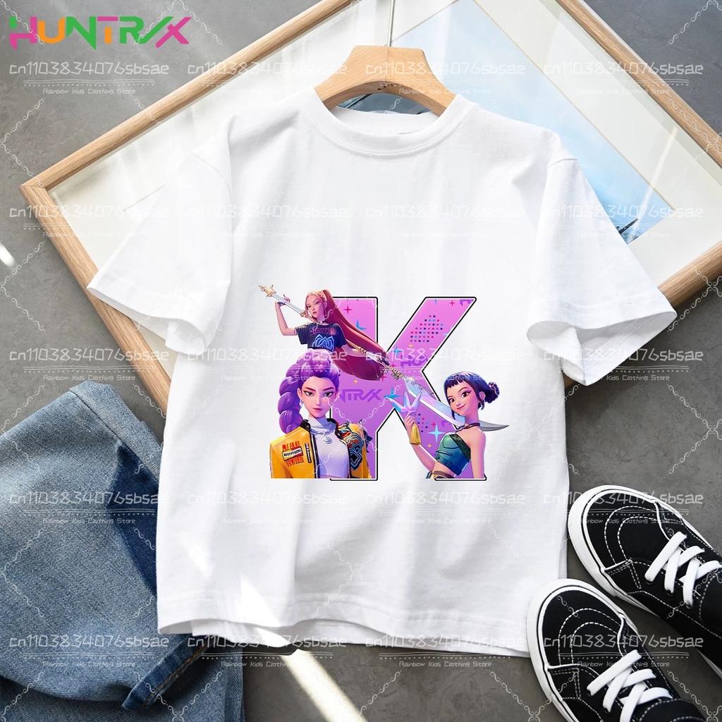 Toddler Girl Clothes Huntrx Mira Rumi Zoey Letter A-Z Cartoon Tee Shirt Funny Gift Fans Harajuku Cool Kids T-shirts Summer Tops