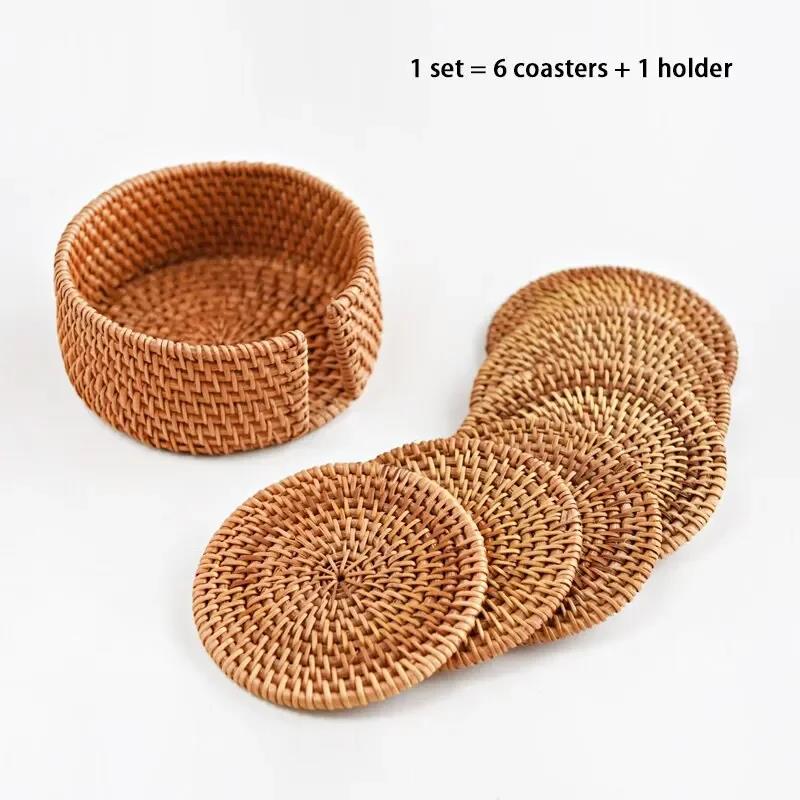 8-10cm Rattan Cup Mat 6Pcs Drink Coasters Set for Kungfu Tea Accessories Round Tableware Placemat Dish Mat Rattan Weave Cup Mat Cup Holders 5