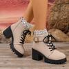 Solid Versatile Large Size Thick Heel Mid Heel Short Sleeve Leather Boots For Women Lace Up Round Toe Womens Boots Size 12