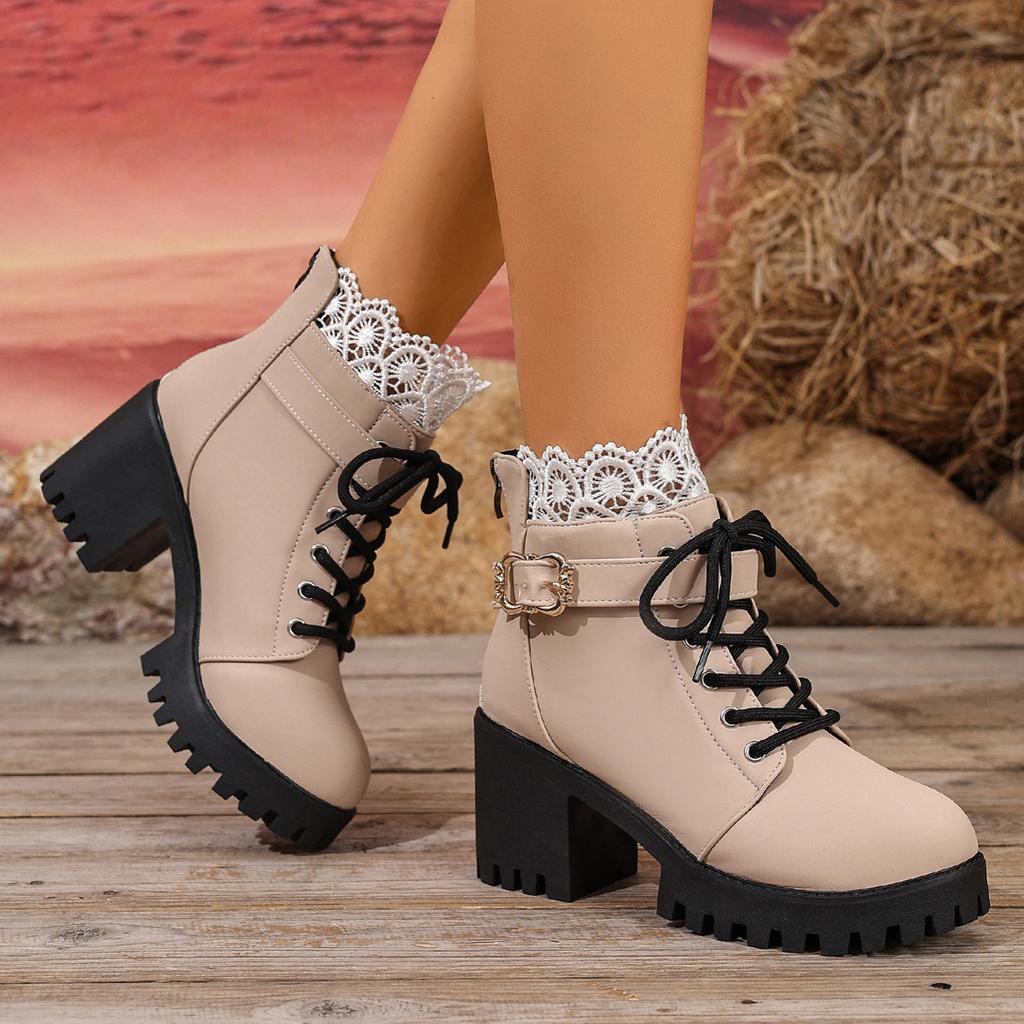Solid Versatile Large Size Thick Heel Mid Heel Short Sleeve Leather Boots For Women Lace Up Round Toe Womens Boots Size 12