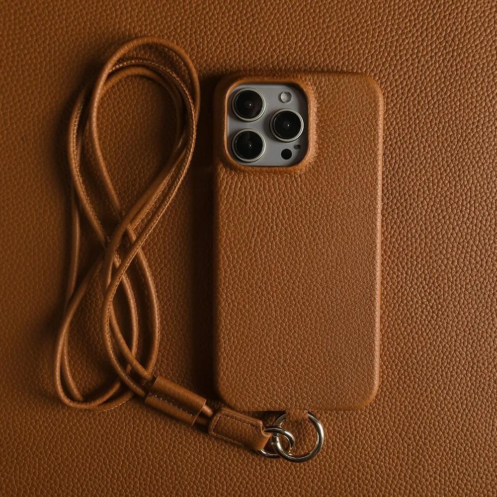 Full Grain Cowhide Leather Case for iPhone 17 Pro Max Air 16 Pro 15 14 Plus 13 12 11 Crossbody Long Strap Mobile Phone Cover