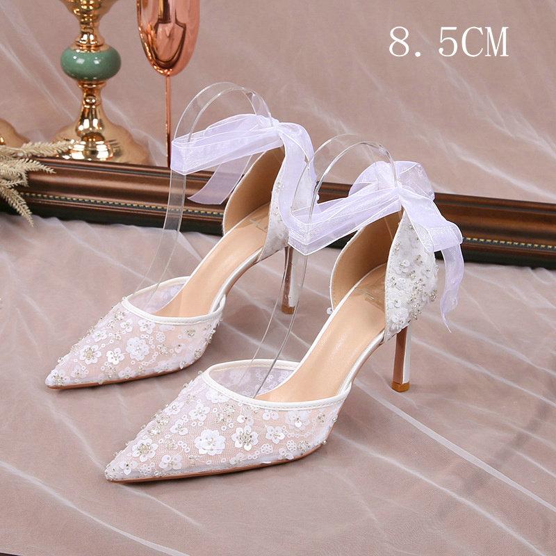 

Модные белые свадебные туфли во французском стиле, сандалии-баотоу с ощущением маленькой роскоши, женские летние туфли-лодочки на высоком каблуке с кружевом и сеткой 34