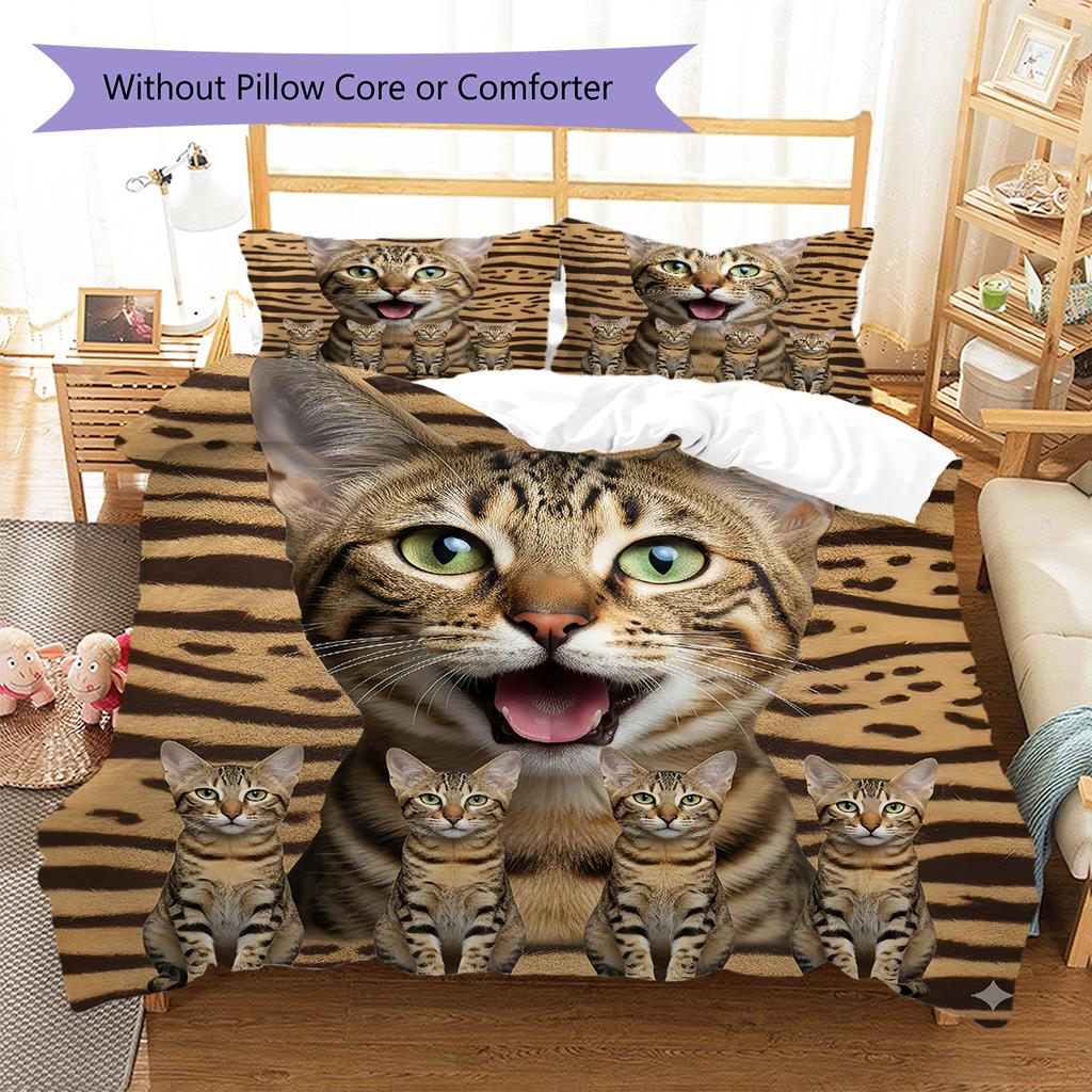 Cute Cat 3D Pattern Bedding Quilt Set Quilt Cover Pillowcase Home Decoration Gift (1 * duvet cover + 2 * pillowcase, without core)