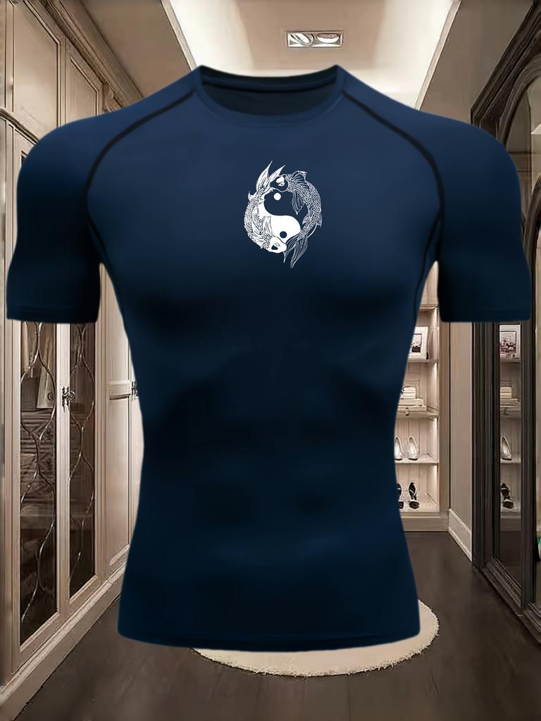 Men's Black Compression T-Shirt with Yin Yang Dragon Print, Elastic Quick Drying Breathable Gym & Martial Arts Training Top