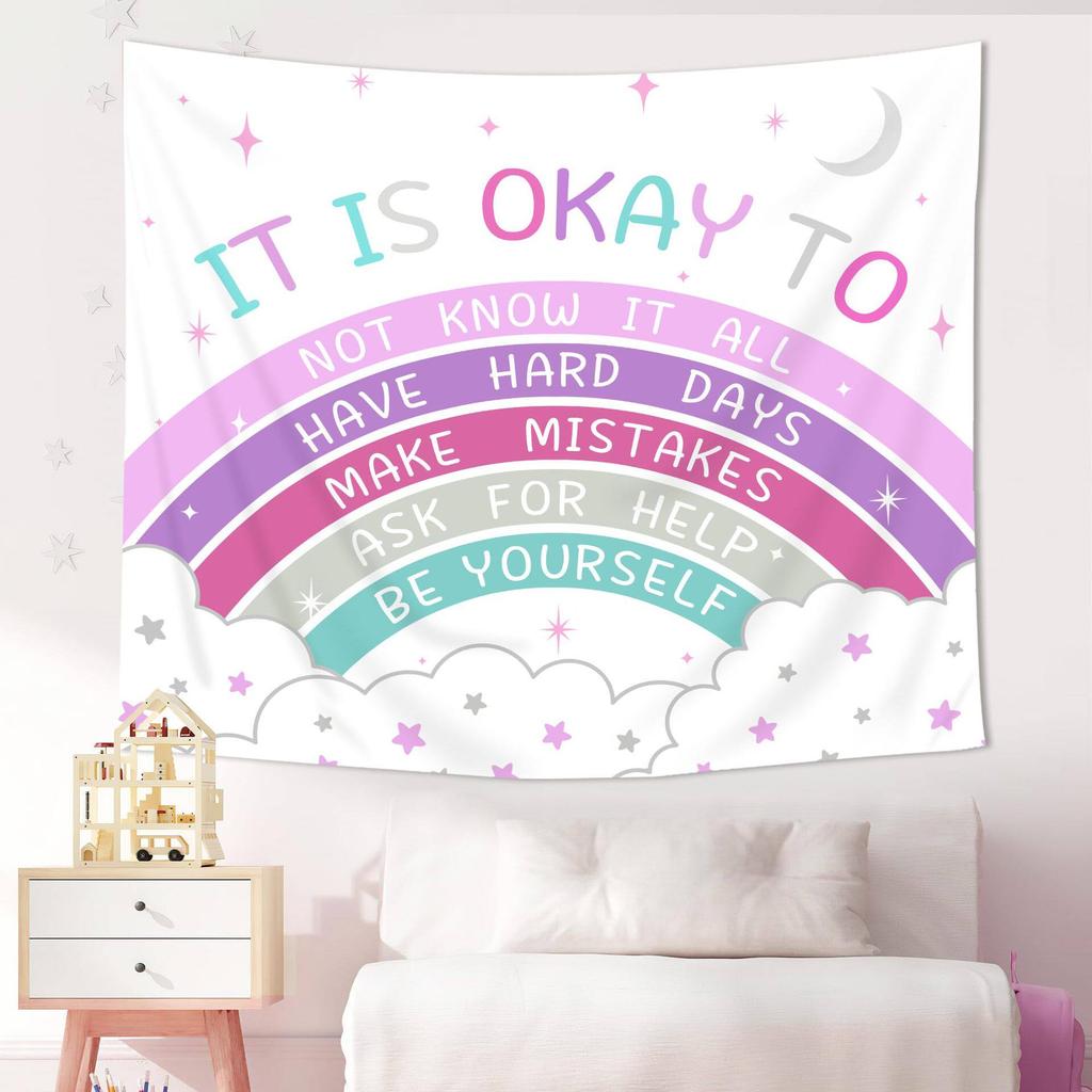 Boho Rainbow Inspirational English Quotes Tapestry Wall Hanging for Living Room Home Decor Headboard Cloth