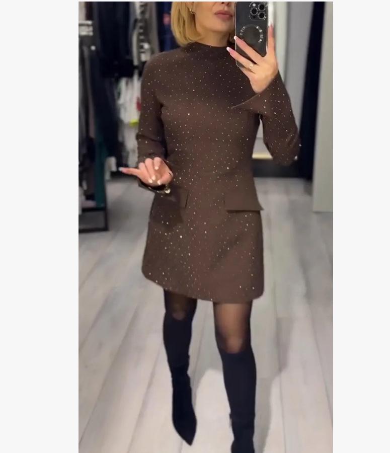Европейское и американское женское облегающее платье со стразами 2025 года: Стильный, облегающий, подчеркивающий талию дизайн Весна/Лето XL коричневый