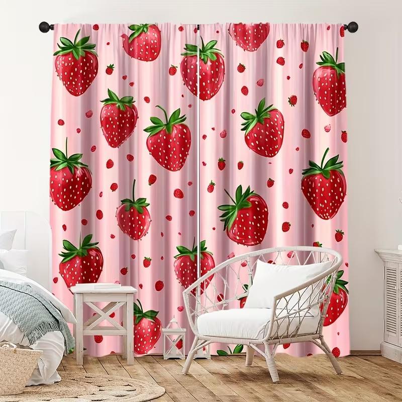2Pcs Pink Strawberries Print Curtains,suitable for Bedroom,living Room Kitchen Decoration,home Decoration,window Decoration