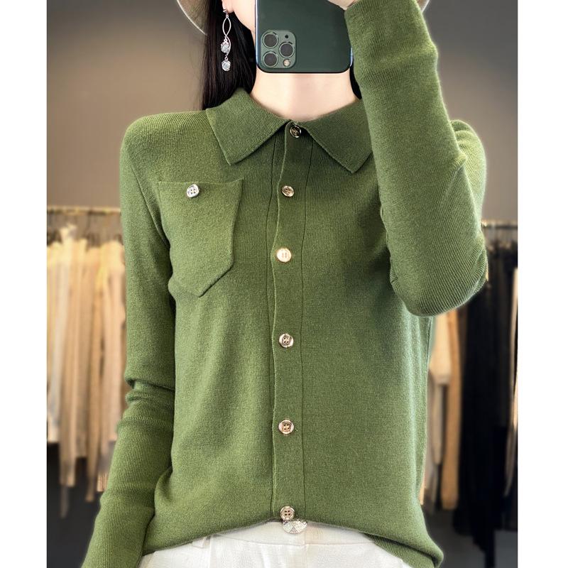 Autumn New Polo Neck Sweater Cardigan Button Niche Design Outside Wear Long Sleeve Knitted Bottom Top
