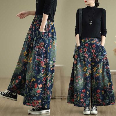 Pantaloni de damă din denim cu talie elastică, imprimeu floral, cu picior larg, largi, casual, cu talie înaltă