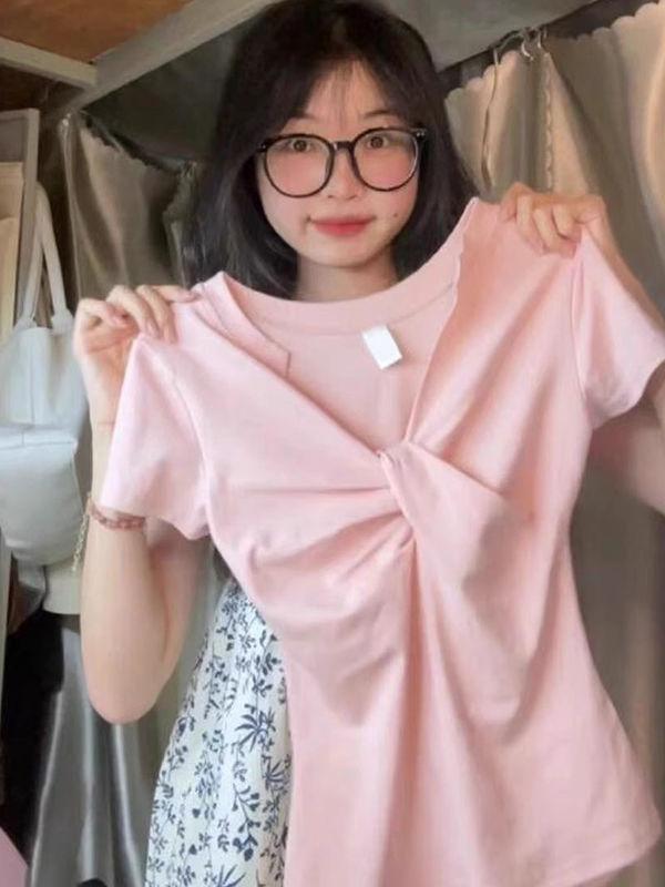 Pure Cotton Black Two-wear One-shoulder Short-sleeved T-shirt for Women's New Hot Girl Sexy Slim and Versatile Short Top