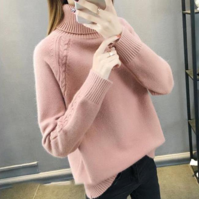 Thickened turtleneck sweater for women autumn and winter short solid color warm pullover versatile long - sleeved fleece loose knitted sweater