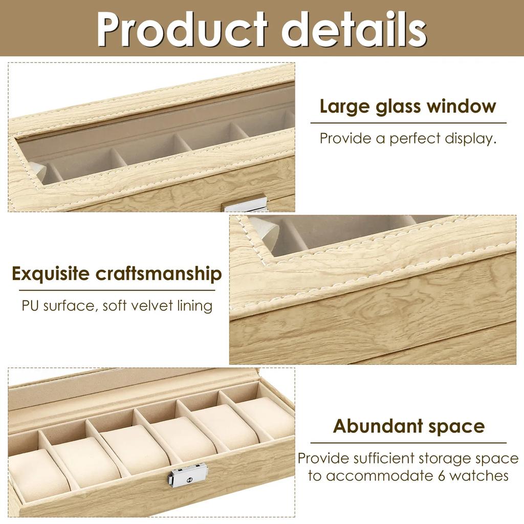 6 Slot PU Leather Watch Box with Keys and Locks Transparent Glass Lid Removable Watch Pillows Organizer Jewelry Display Box