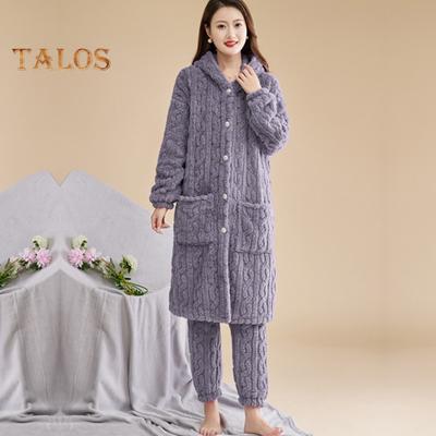 2 Teile/satz Frauen Winter Bademantel Hosen Set Dickes Fleece Halten Warm Mit Kapuze Einreihige Robe mit Taschen Lose Homewear Hosen Nachtwäsche Pyjamas