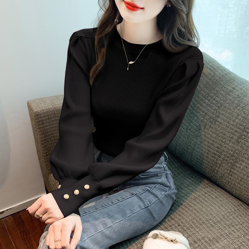 Fashion Autumn Winter Women Sweaters Solid O-Neck Slim Puff Long Sleeve Female Clothing Rose Pink Knitted Casual Pullover Tops