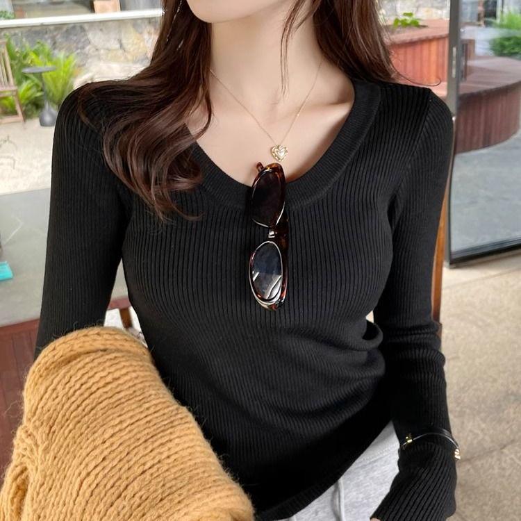 Korean Style Slim Fit U-Neck Long Sleeve Knitted Top for Women - Early Autumn 2024 Fashion Versatile Base Shirt