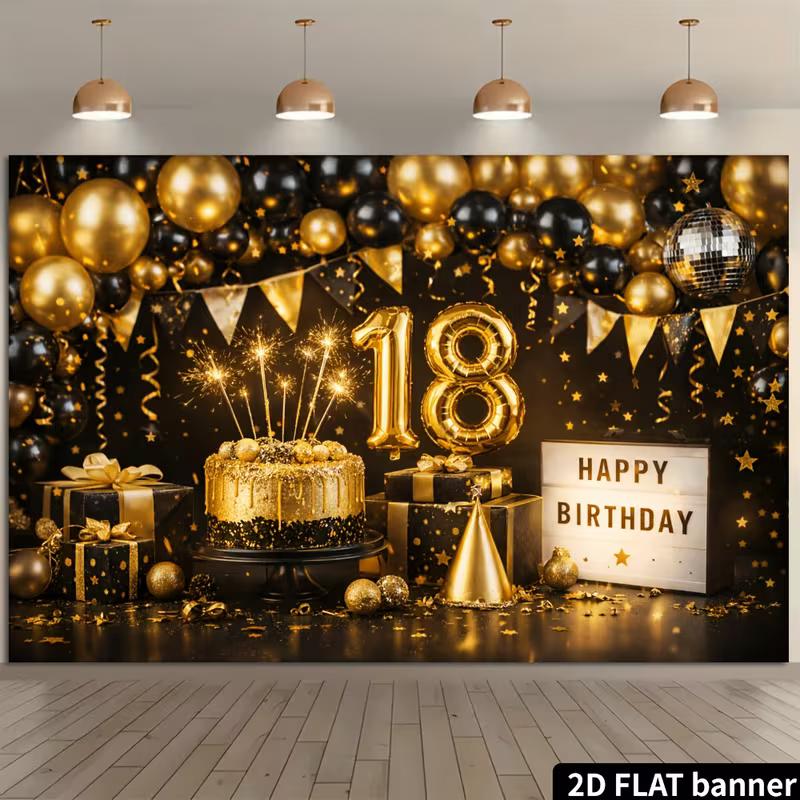 Sfondo 2D Nero Oro 18° Buon Compleanno Sfondo Fotografico Decorazione Festa