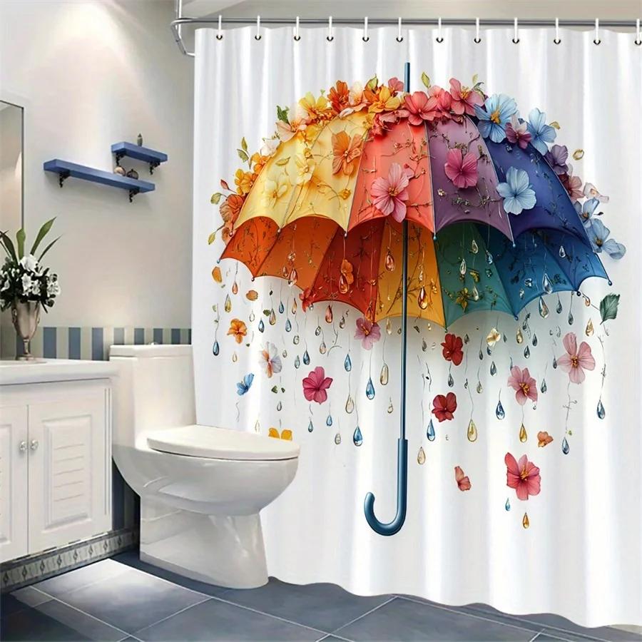 1pc Vibrant Multicolored Umbrella with Floral & Raindrop Design Shower Curtain, Whimsical Elegance, 70.86x70.86in, 12 Hooks, P