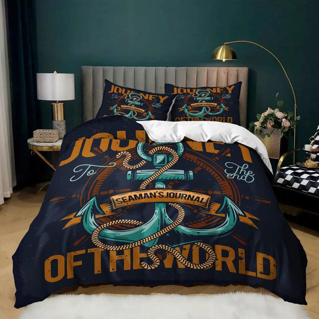 Nautical Theme Bedroom Quilt Cover Set Ocean World Printed Bedding Three-Piece Quilt Cover