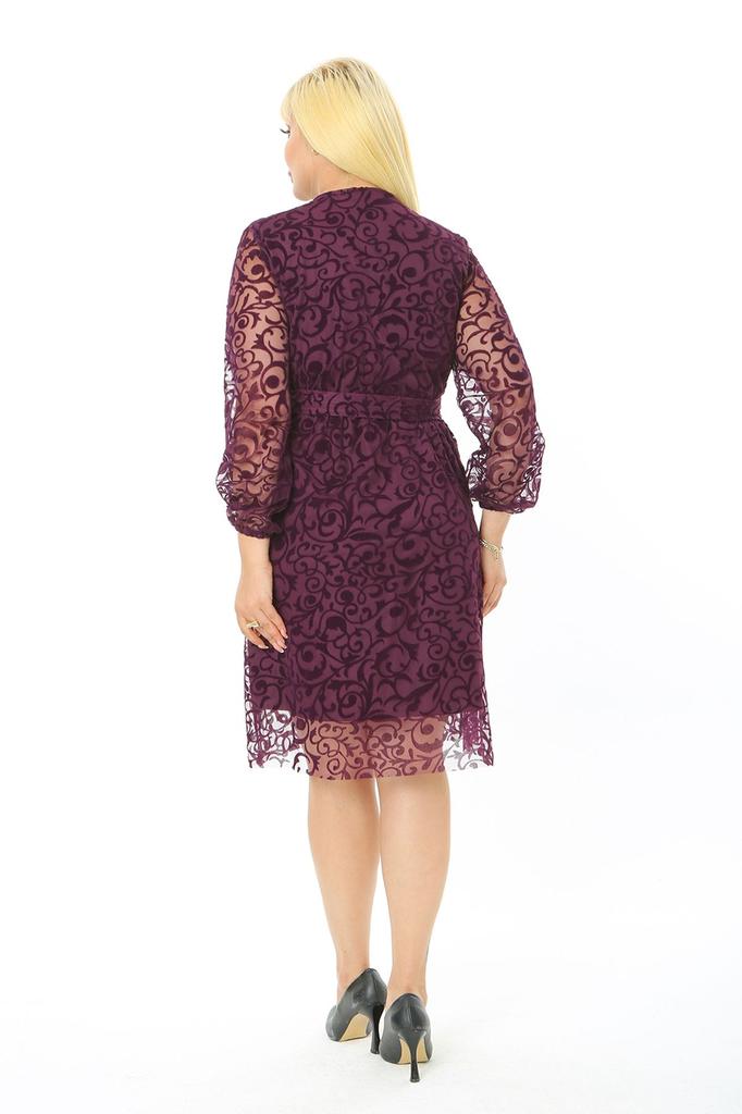 Damen Übergröße Kleid Plus Size Pflaume Türkisches Motiv Flockdruck Nebliges Wickelkleid Gefüttert Midilänge Abendkleid