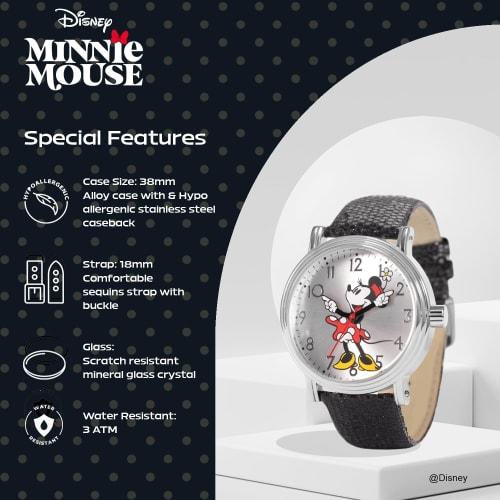 Disney Minnie Mouse Adult Vintage Articulating Hands Analog Quartz Watch, Black, Black Strap