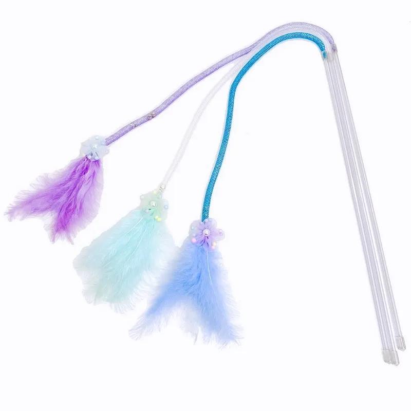 Cat Toy Feather Cats Teaser Elastic Mesh Tassel Cat Toys Interactive Feather Toys for Cats Stick Teaser with Bell Pet Products