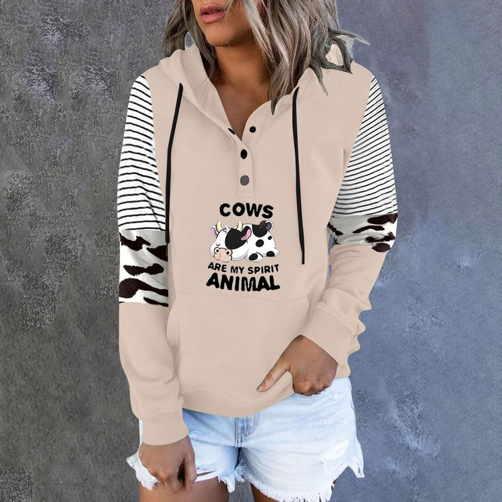 Women's Casual Fashion 2022 Cows Stripes Print Long Sleeve Pullover Hooded Top