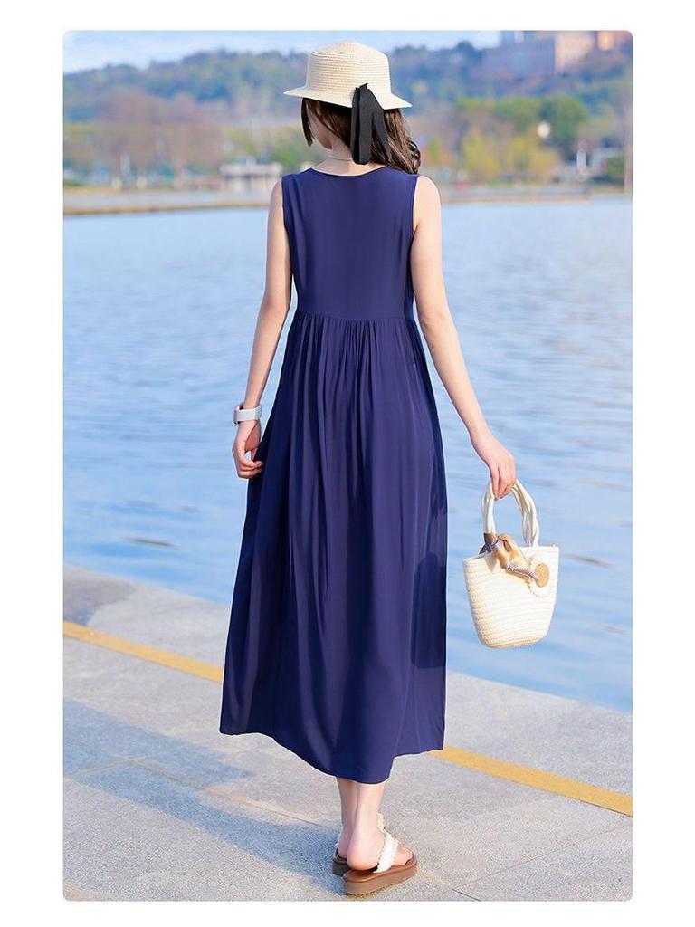 New Women's Summer Sleeveless French Silk-Cotton Beach Dress