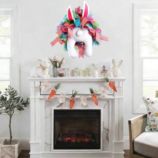 Easter Bunny Wreath with Floppy Ears & Colorful Ribbon Plush Front Door Hanging Wreath Spring Festival Party Decoration