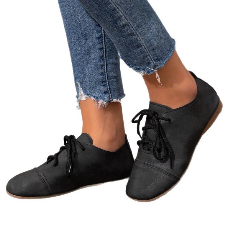 Retro Flat-bottomed Lace-up Single Shoes Women's Spring New Large-size Round-head Soft-soled Doudou Shoes Size 43