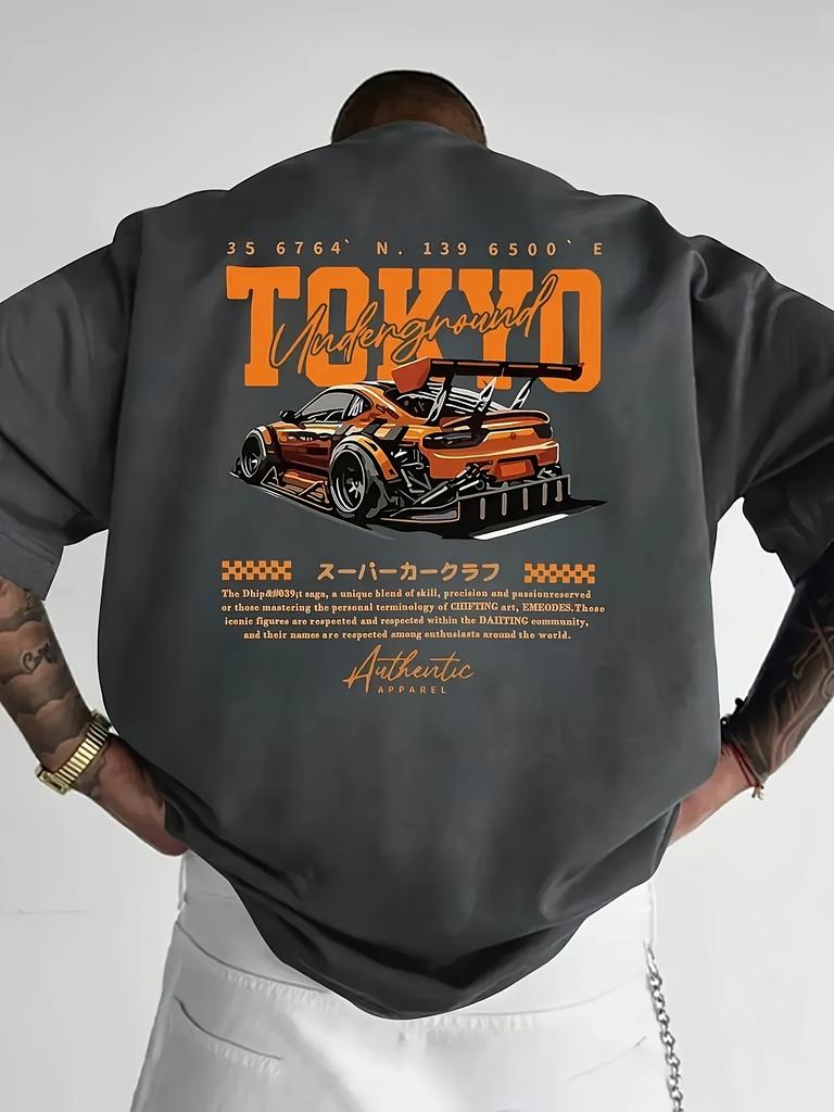 Men's Tokyo Pattern T-shirt - Back Printed Drift Racing Design Street Style Shirt Anime Theme Top Car Illustration Shirt
