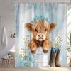 Western Highland Cow Shower Curtain, Funny Cute Art Cow Print Rustic Country Farmhouse Blue Floral Bathroom Decor, Waterproof