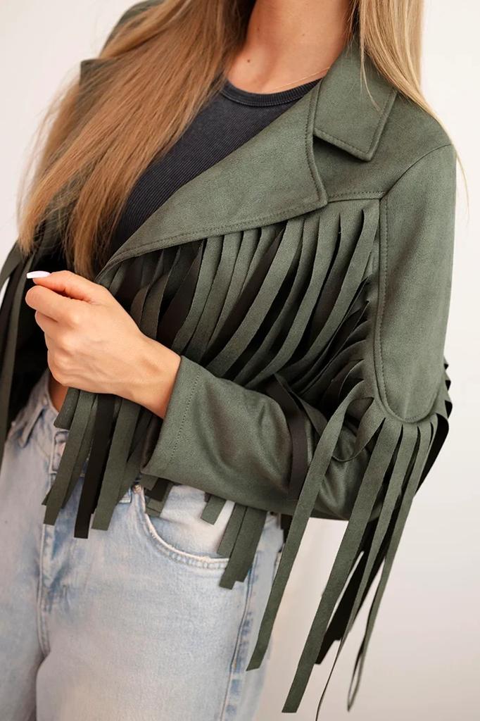 Khaki Kurtka Damska Z Frędzlami W Stylu Boho
