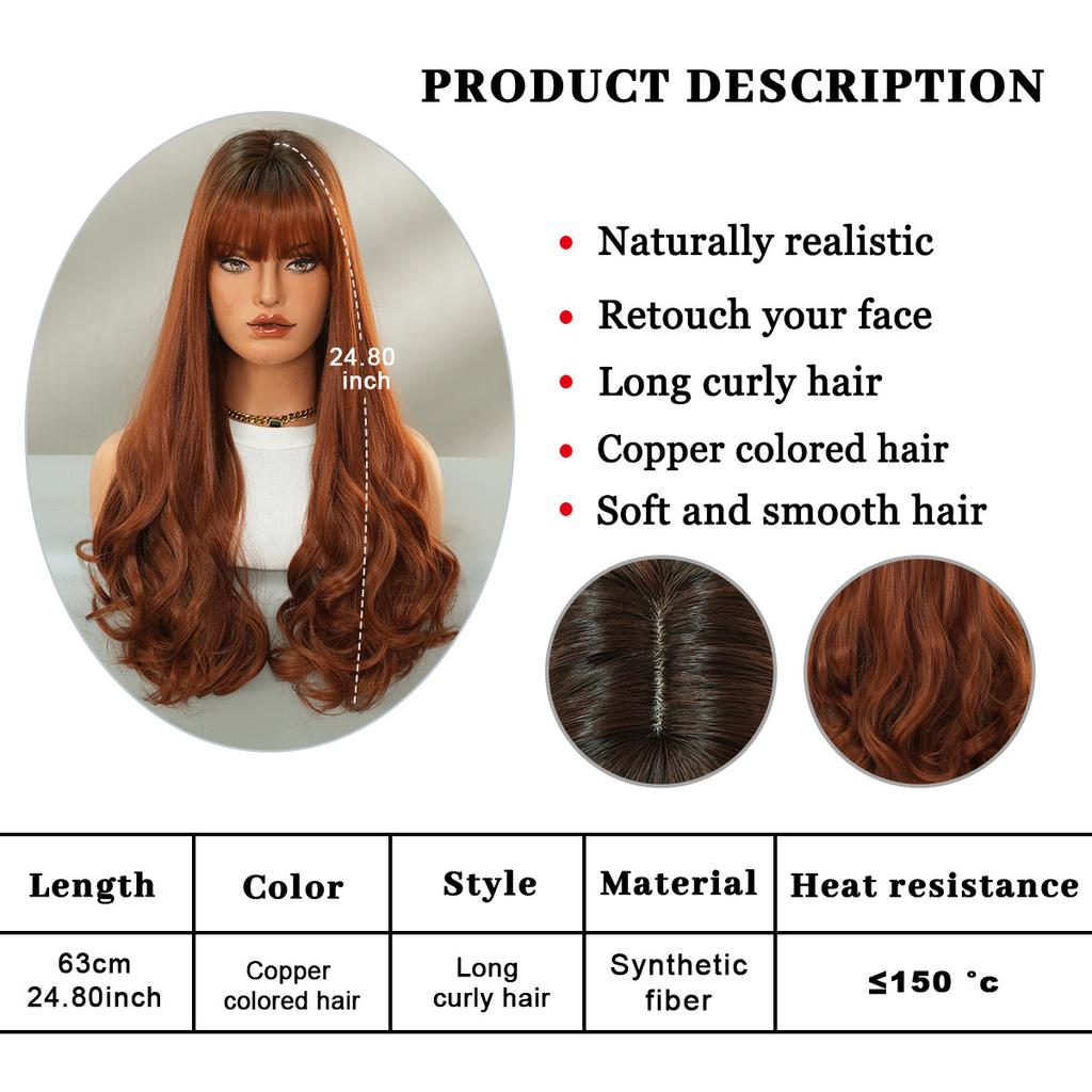 High Quality Copper Brown Wavy Wig Women With Long Curly Hair Full Head Round Face Internet Famous Bangs Fluffy Top Set