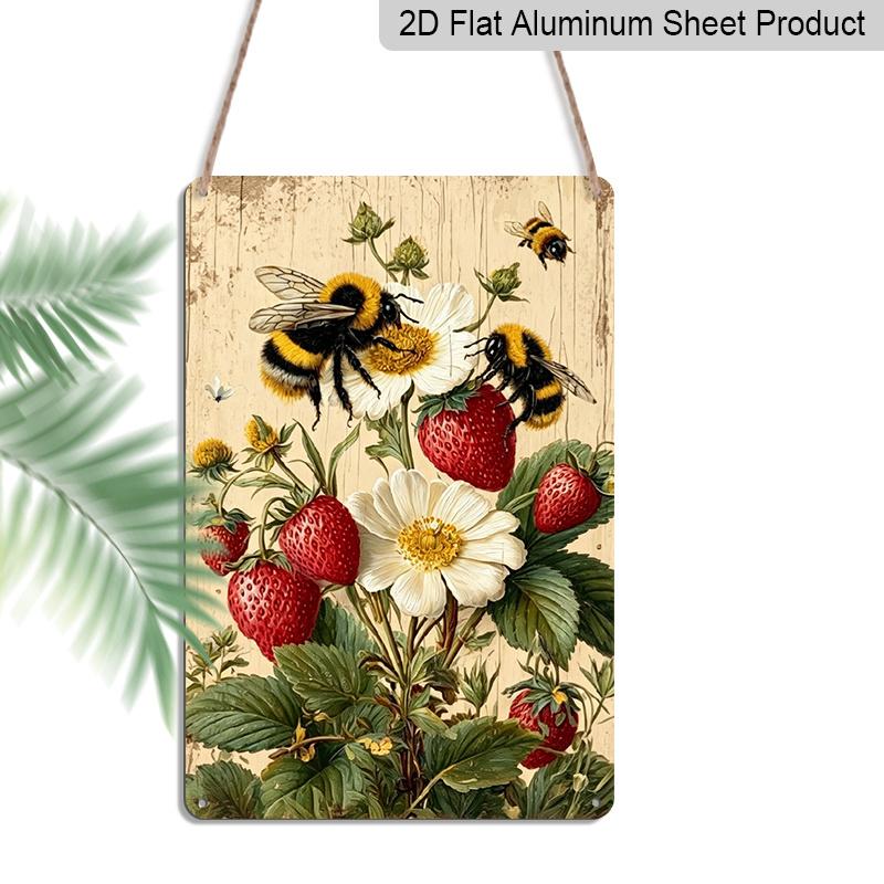 2D Flat, 1pc Vintage Bumblebee & Strawberry Aluminum Sign, Rustic Farmhouse Wall Decor for Garden, Patio, Kitchen Outdoor Yard & Balcony Ornament