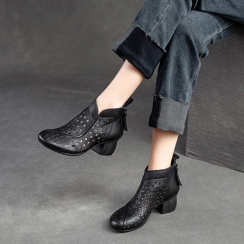 Johnature Hollow Out Boots Round Toe Breathable Back Zipper Genuine Leather Sandals Retro Mid Heel Women's Shoes