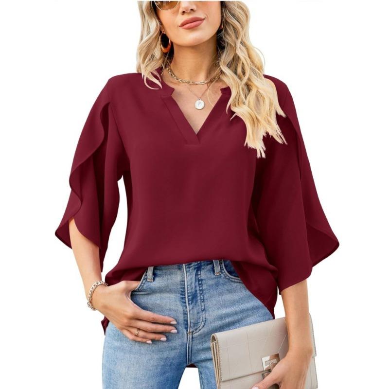 BITCED Women's Fashion Casual Solid Color Print Short Sleeve V Neck Blouses & Shirts