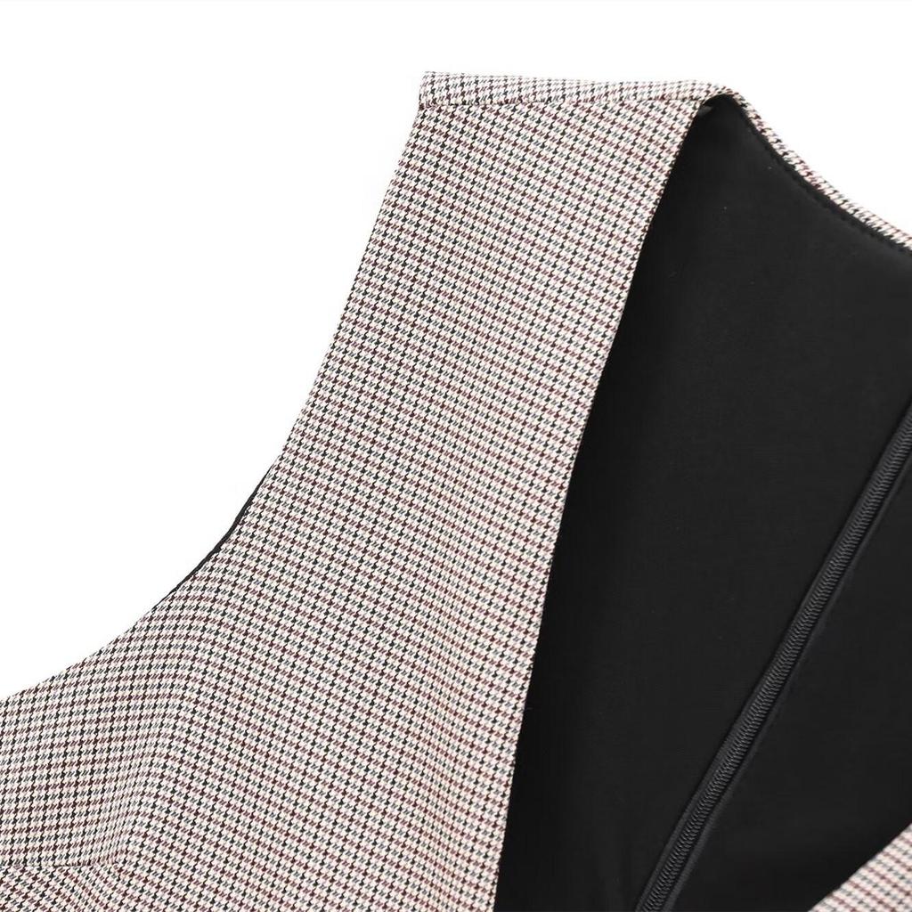 2025 Spring Women's V-Neck Belted Plaid Pleated Vest Dress