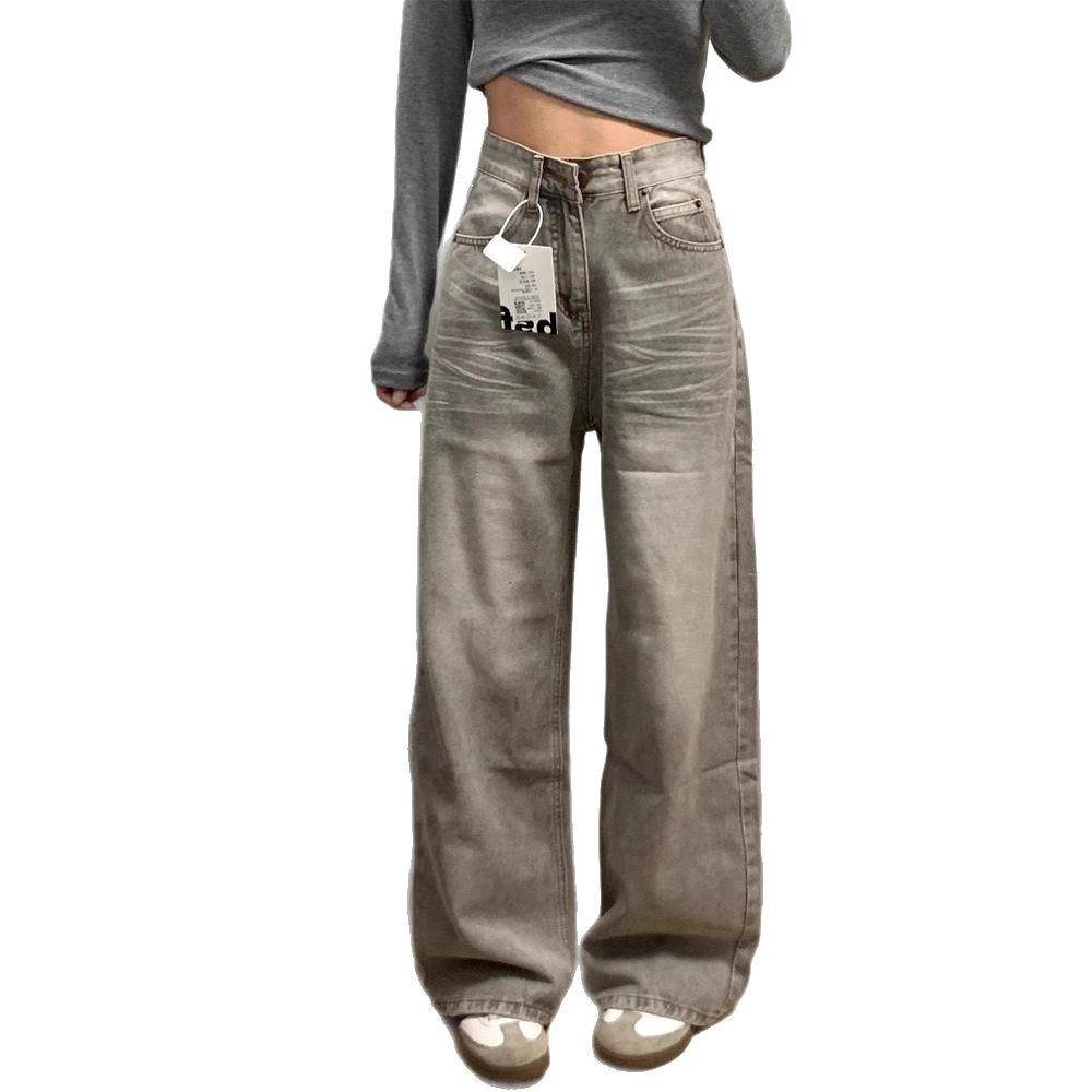 Women's High Waist Retro Gray Wide Leg Jeans - Summer Floor-Length Straight Pants