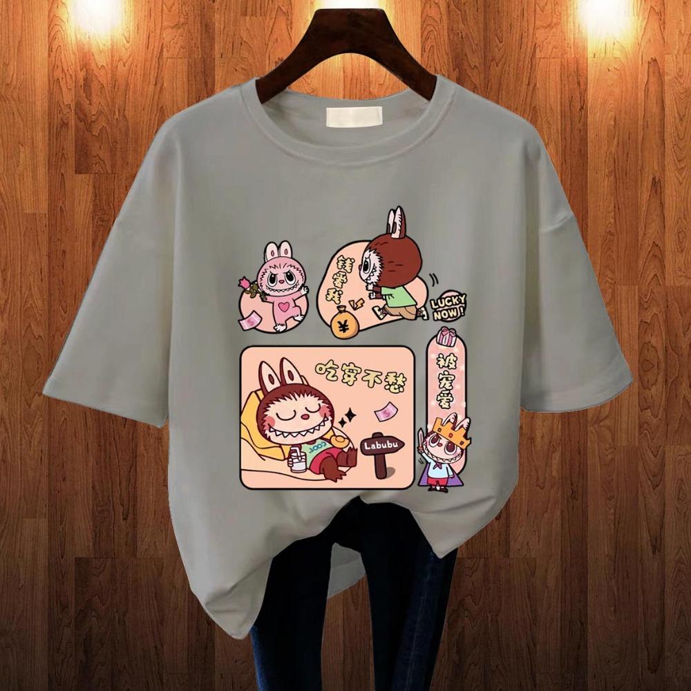 2025 Popular Children's Clothing Short Sleeved LABUBU Rest Holiday Pattern Round Neck T-shirt Cartoon Style Girl's Top