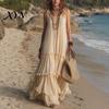 Light Beige Skirt Summer Ruffle Tiered Swing Dress for Women, Boho Beach Daily Outing Flowy Maxi Sundress, Sleeveless A-line Loose Long Casual