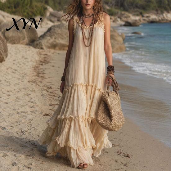 Light Beige Skirt Summer Ruffle Tiered Swing Dress for Women, Boho Beach Daily Outing Flowy Maxi Sundress, Sleeveless A-line Loose Long Casual