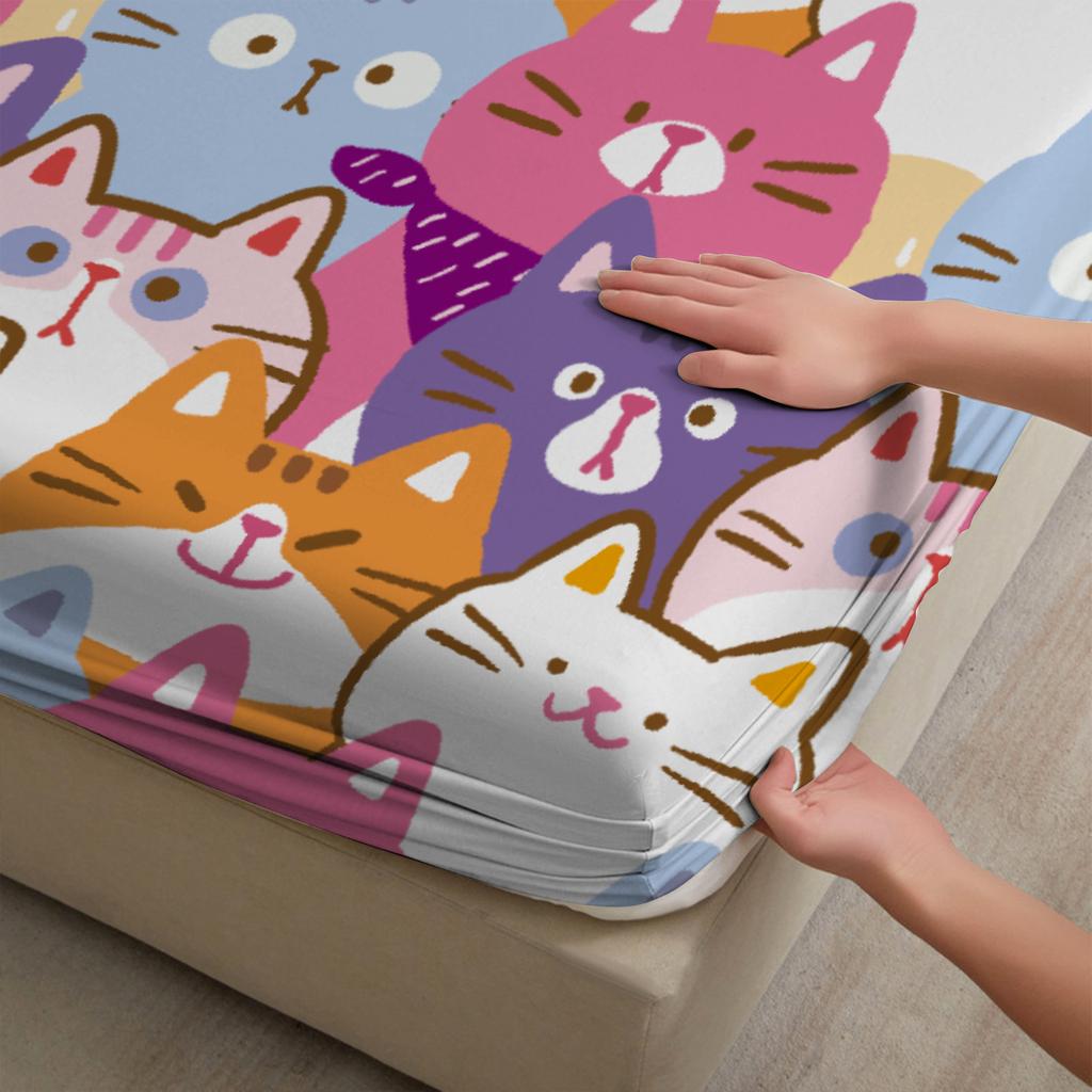 3 stuks Kleurrijke Katten Hoeslaken Cartoon Kattenpatroon 3D Print Cadeaus Voor Studenten Meisjes 100% Polyester Plat Laken Met Kussenslopen