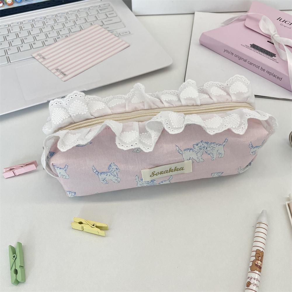 Cat Themed Pencil Case Large Capacity Organizer With Lace Print For Students And Office Use