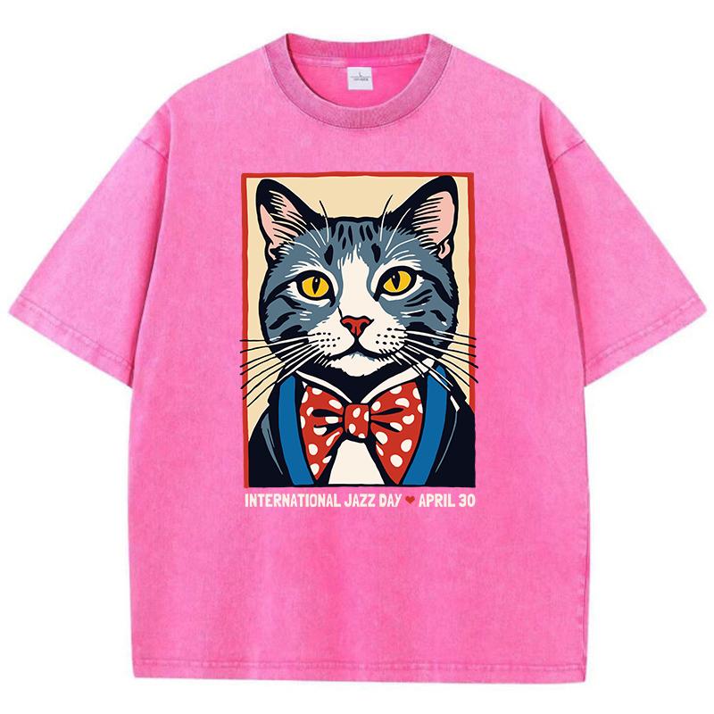 Cotton Woman Washed T-Shirts International Jazz Day April 30 Print Tee Shirts Distressed Crewneck Oversized Tops Clothes