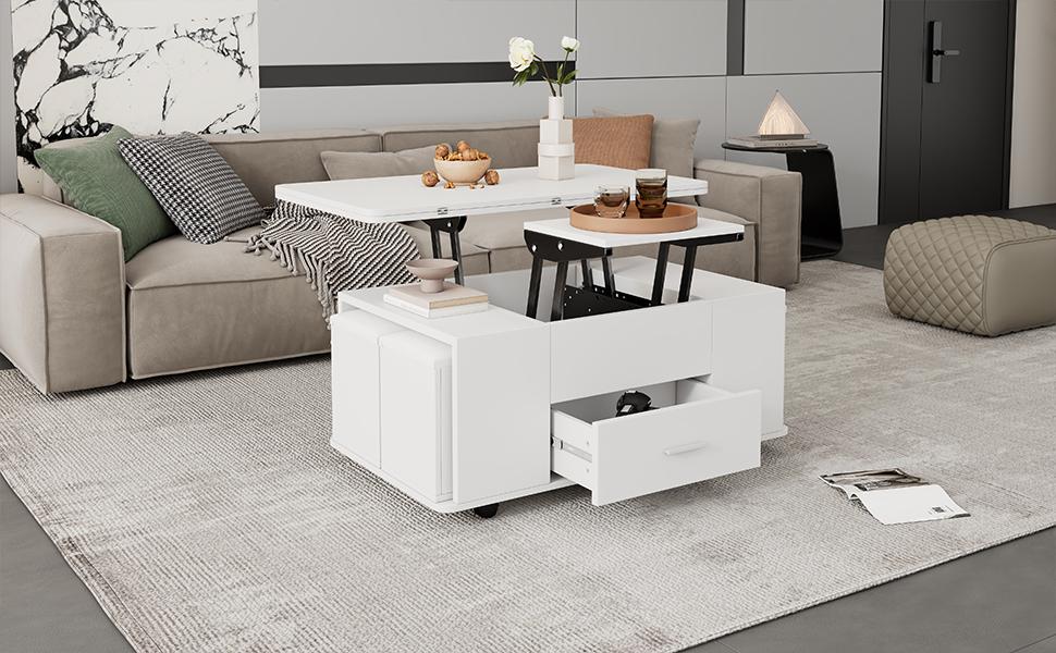 Mesa de centro, regulable en altura, mesa de sofá móvil, multifuncional 4 en 1, convertible en mesa de comedor de sala de estar, con cajones, 4 taburetes, blanco
