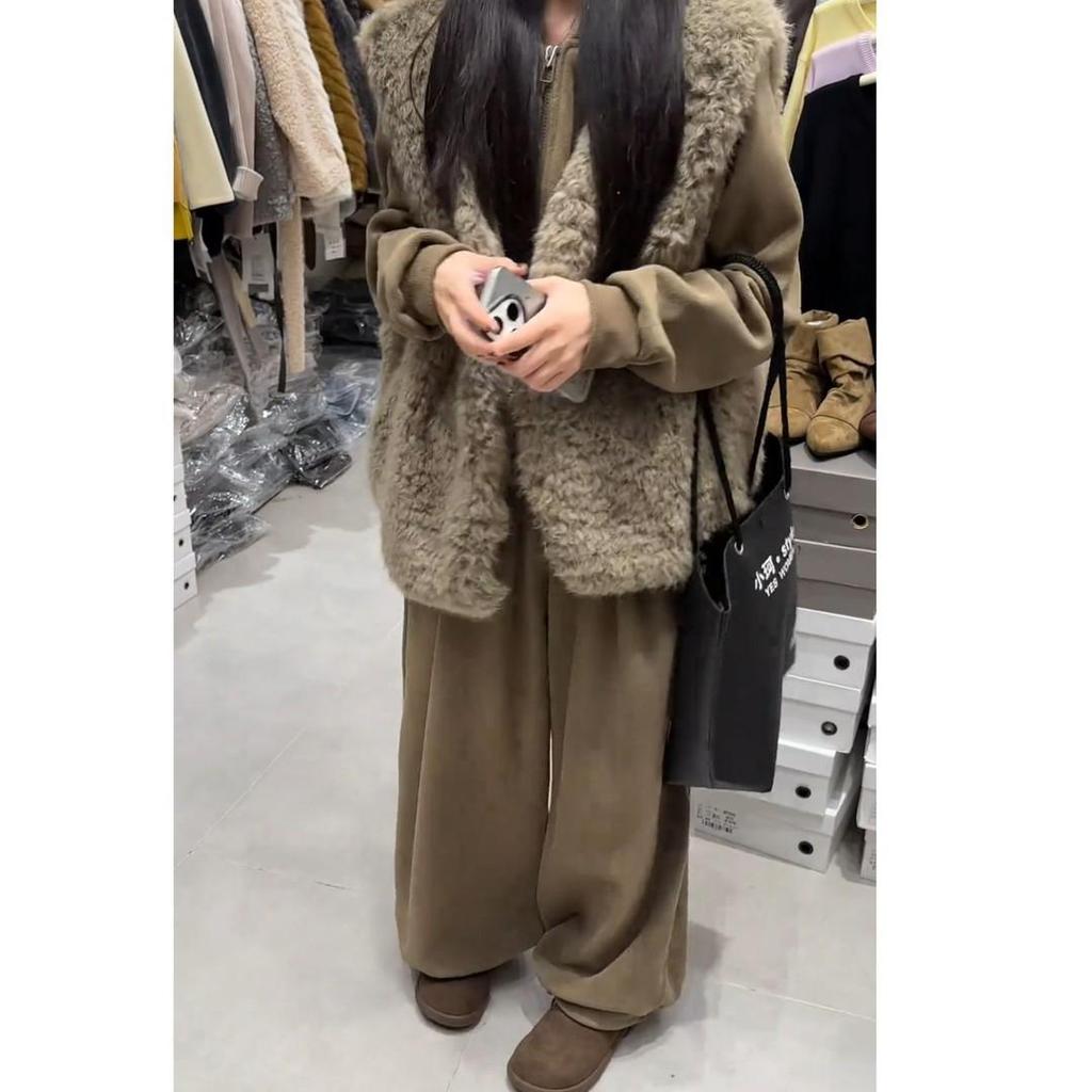 Women's Winter Three-Piece Suit: Melange Style, Plush Vest, Hooded Sweatshirt, Wide-Leg Pants