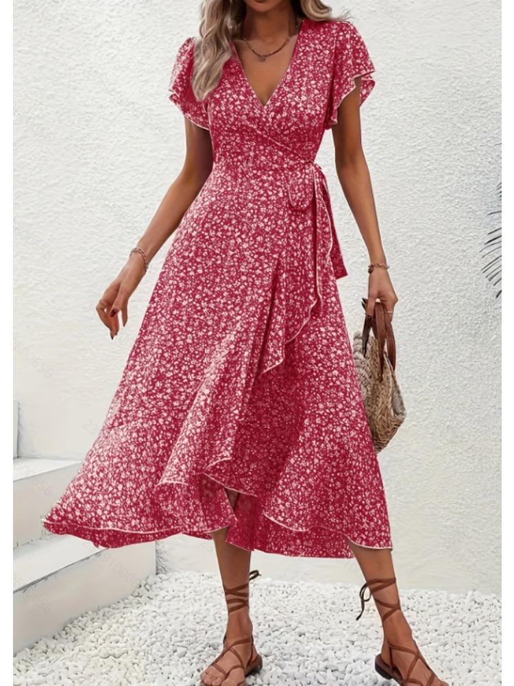 Abito da donna rosa floreale con scollo a V, maniche corte, fiocco e spacco laterale