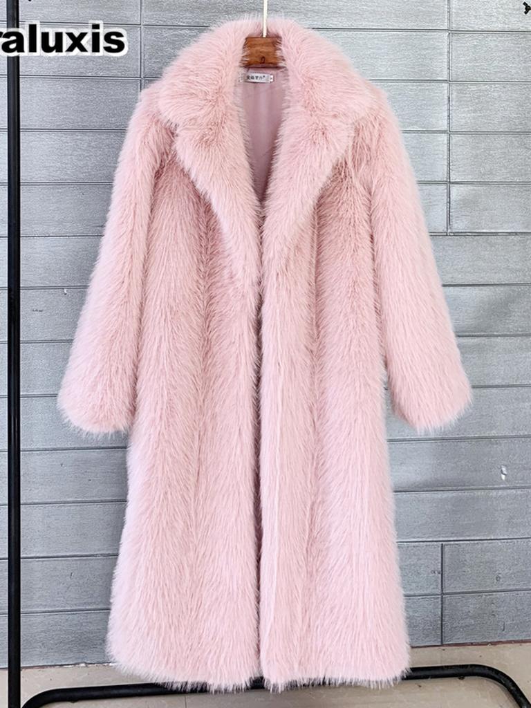 Fall Winter Women's Long Fur Coat with Westem Collar Suit Jacket Faux Fur Overcoat