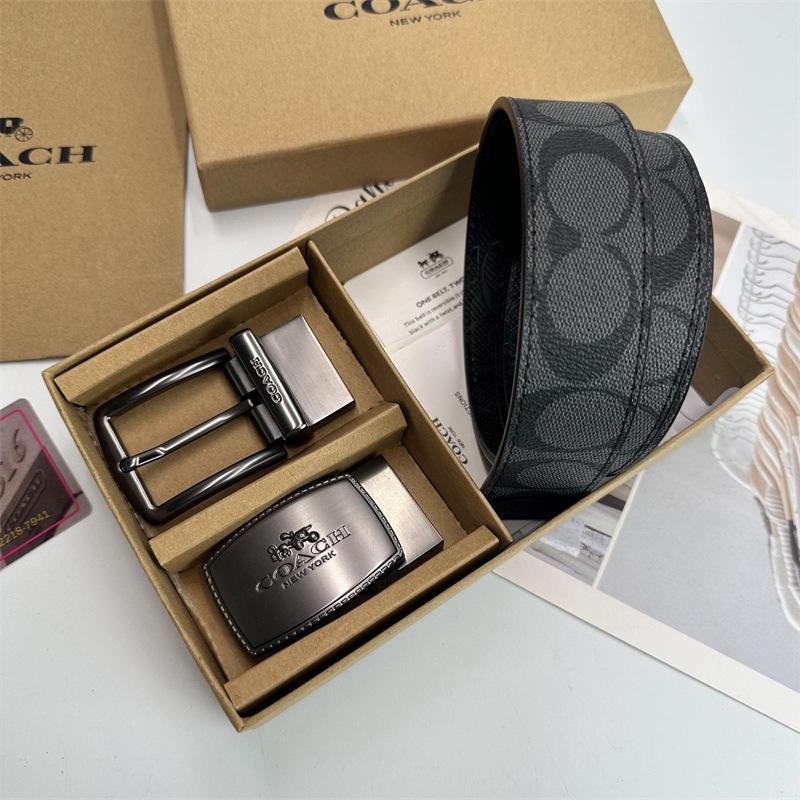 Men's Classic Double Buckle Leather Belt with C Buckle and Fabric Texture - Business Casual Trousers Accessory