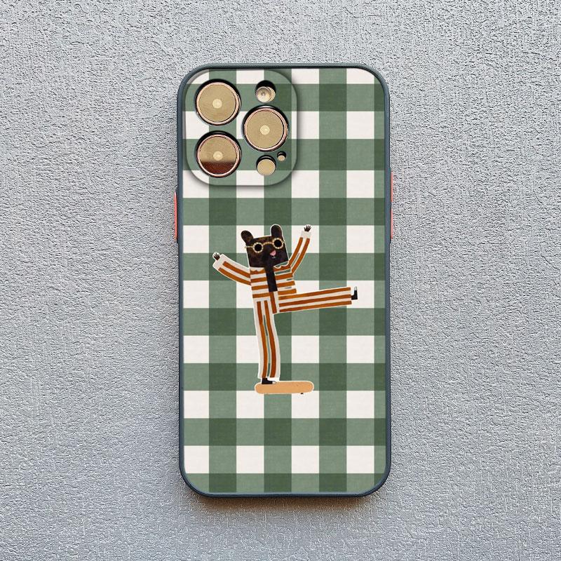 Simple Cute Green And White Plaid Animal Phone Case for Iphone 17 16 15 14 Pro Max 16 Plus 13 12 Mini 11 Pro Max XR XS X Cover